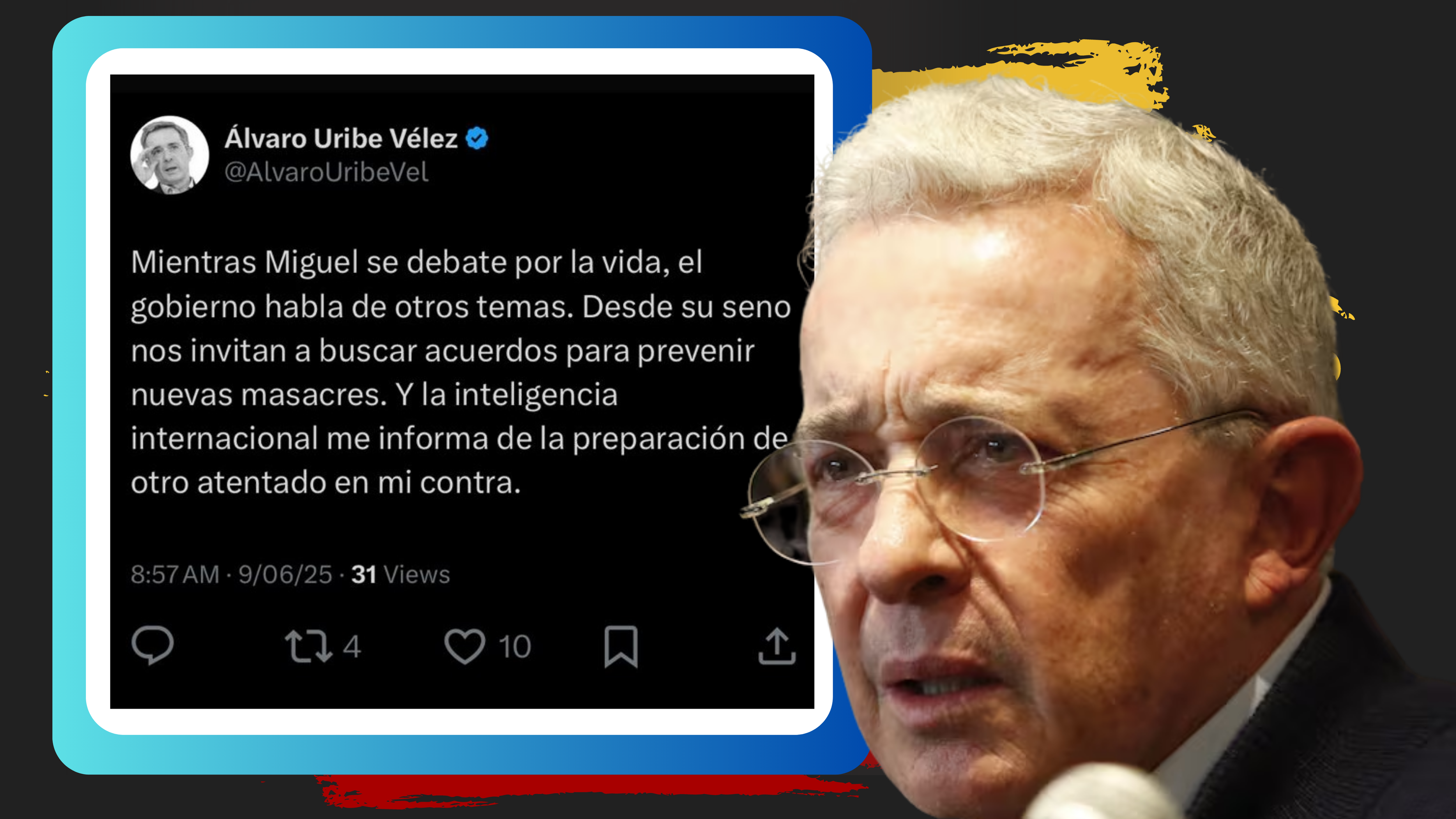 El expresidente asegura que recibió información desde el exterior sobre un plan para atentar contra su vida. También criticó la respuesta del Gobierno tras el ataque a Miguel Uribe./ Foto: Diseño Jesús Chacín/El País